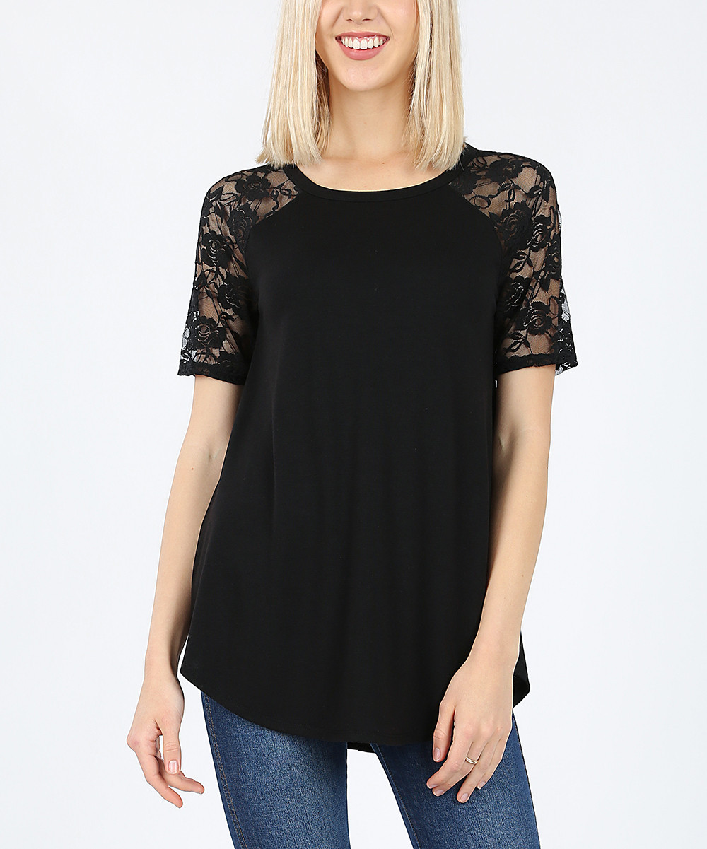 Zenana Women's Tee Shirts BLACK_IPB - Black Lace-Sleeve Round-Neck Top - Women | Zulily