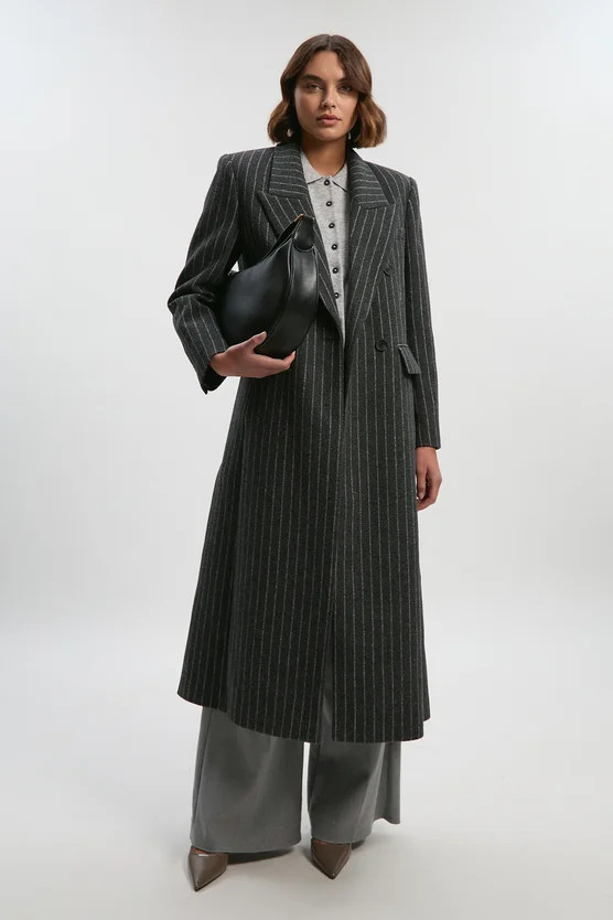 Petite Brushed Wool Pinstripe Oversized Double Breasted Tailored Maxi Coat | Karen Millen UK + IE + DE + NL