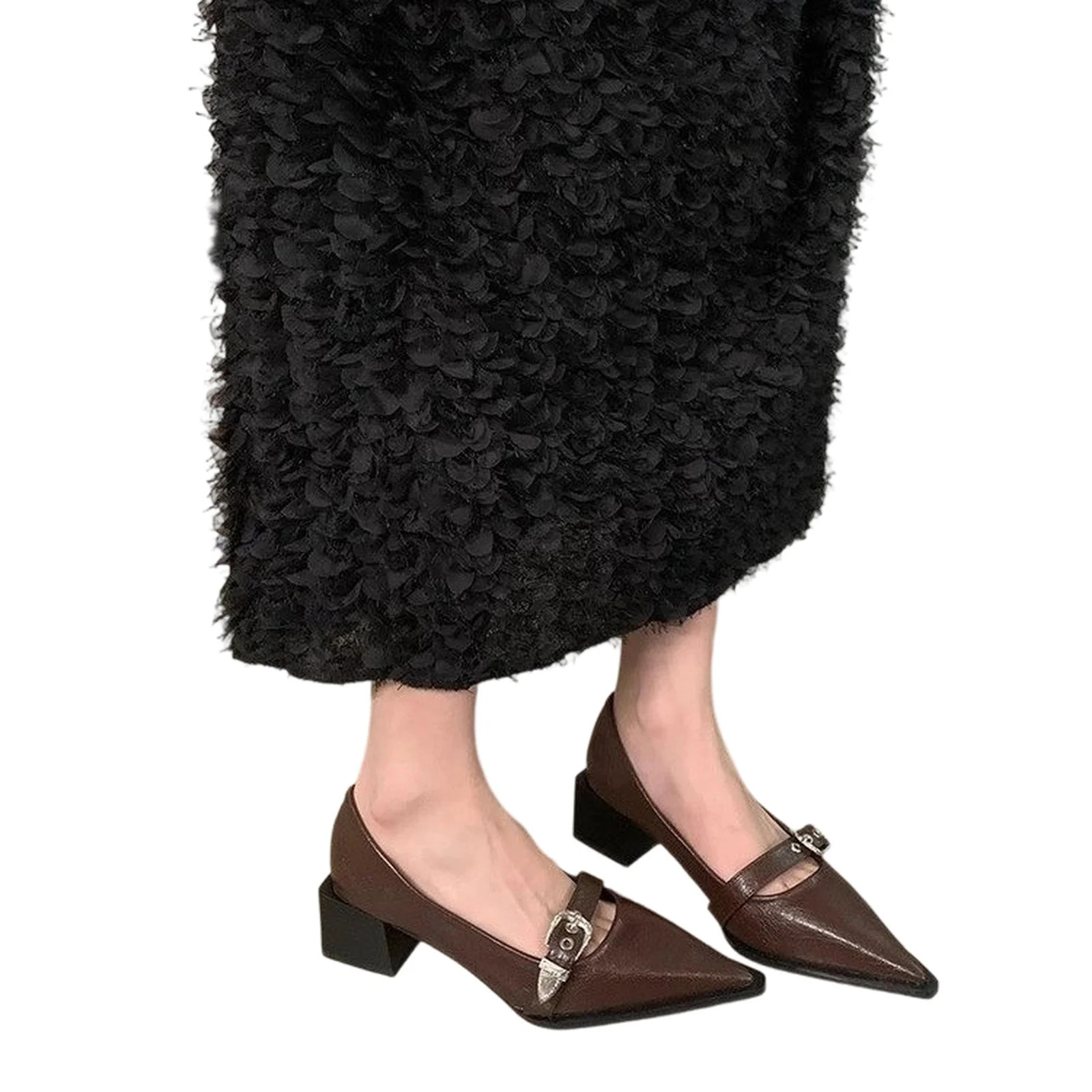 Willtoo Women's Leather Pointed Toe Pumps with Chunky Block Heel | Fall Office & Dress Shoes Brow... | Walmart (US)