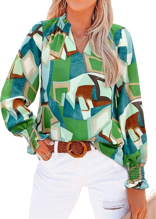 MASCOMODA Womens V Neck Floral Long Sleeve Tops 2026 Summer Casual Loose Puff Sleeve Chiffon Boho... | Amazon (US)