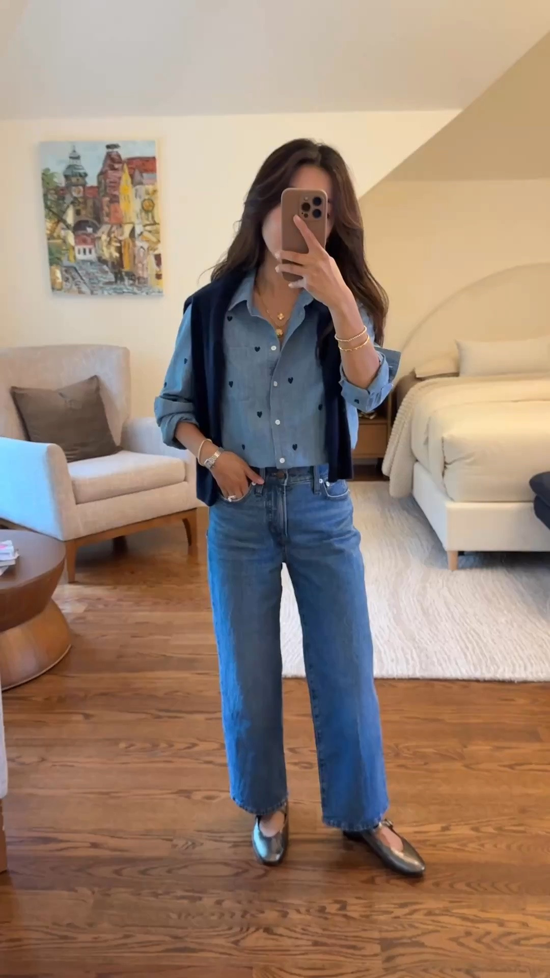 On sale! • Sezane embroidered hearts denim tomboy shirt 0 love this one! Classic fit. Also very cute with white jeans or shorts. 
•Madewell perfect vintage wide crop jeans 24 petite - old wash

I’ve linked their current wash in the same style, and a very similar J.Crew style with non cut hems. Just fyi that the jcrew version’s waist runs big. 

• Madewell Remy flats 5H - wearing an older color but I’ve linked the same style, they come in several colors! I am usually a 5 or 5.5 in other brands and always do 5H for Madewell shoes. 

•Quince navy sweater cashmere Xs 

Denim on denim, casual weekend outfit, good petite jeans

#LTKPetite #LTKmomlife #LTKootd