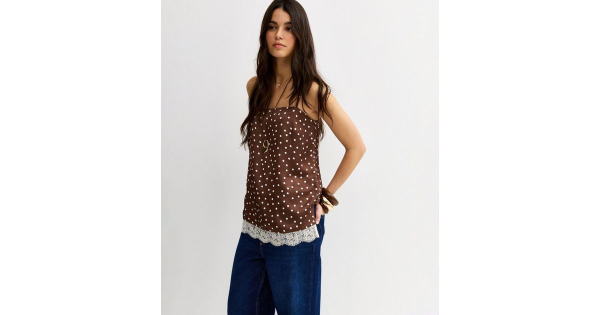 Brown Satin Polka Dot Lace Hem Cami Top | New Look | New Look (UK)