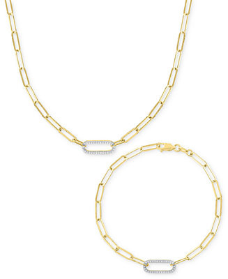 2-Pc. Set Diamond Paperclip Link Collar Necklace & Bracelet (1/4 ct. t.w.) in 14k Gold-Plated Ste... | Macy's