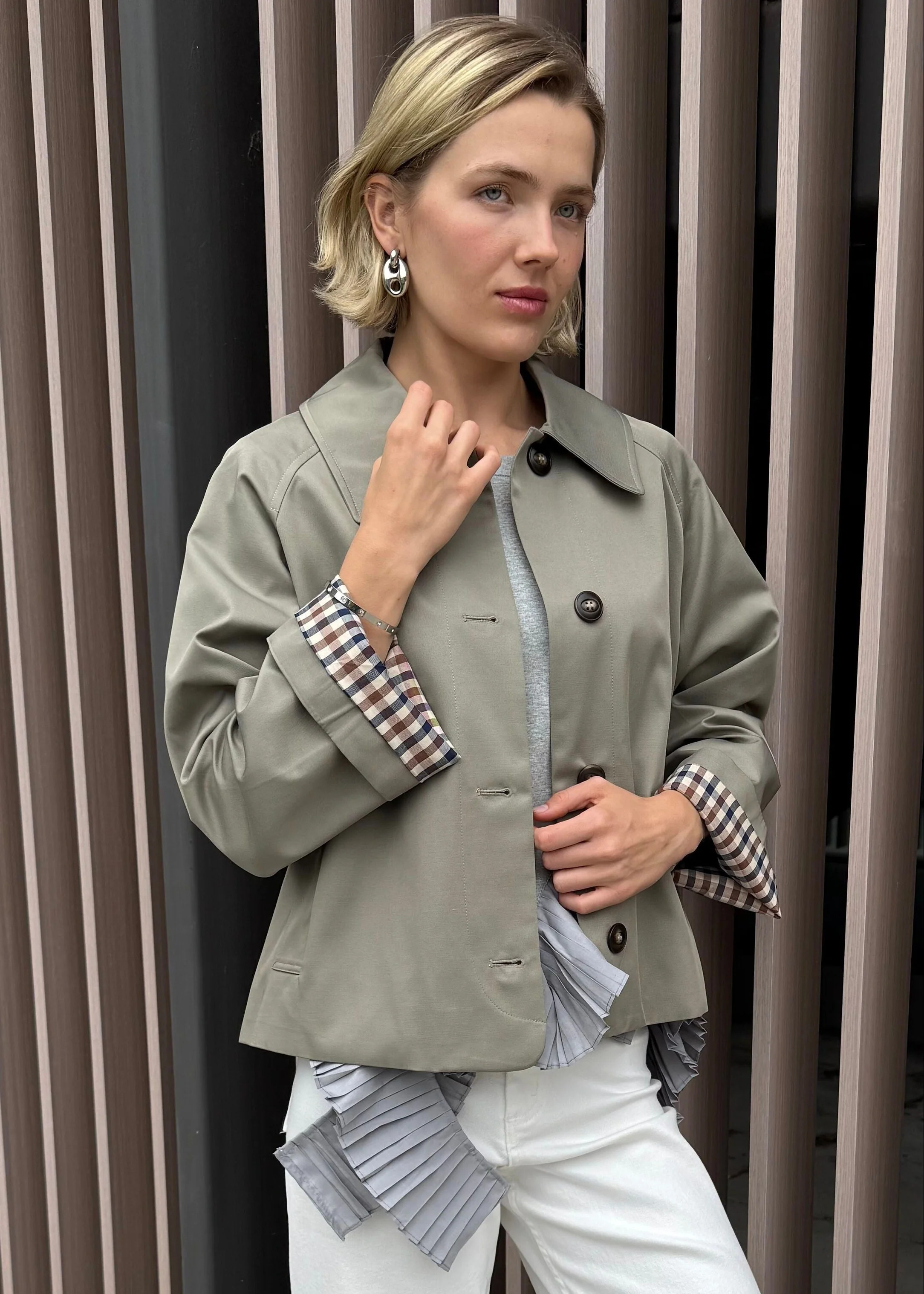 Cayden Barn Jacket with Plaid Cuffs - Olive | Benaar La