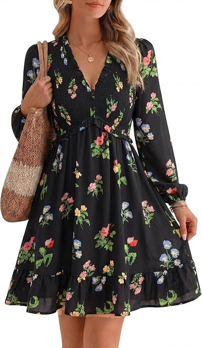 Simplee Womens 2026 Fall Wedding Guest Dress Floral Long Sleeve Smocked Flowy Casual Short Dresse... | Amazon (US)