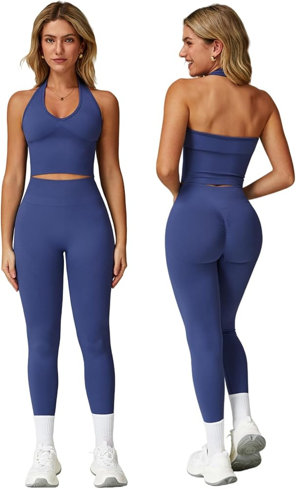 Workout Sets for Women 2 Piece Seamless Halter Tank Top Scrunch Butt Lifting High Waist Leggings ... | Amazon (US)