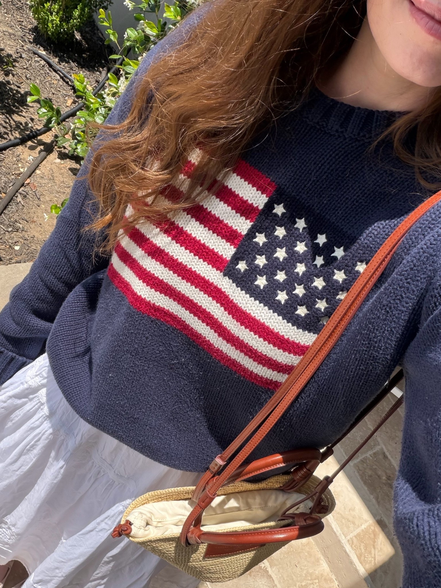 American flag sweater outfit 🇺🇸 
White cotton skirt on sale - use code AFSUMMER for extra $$ off