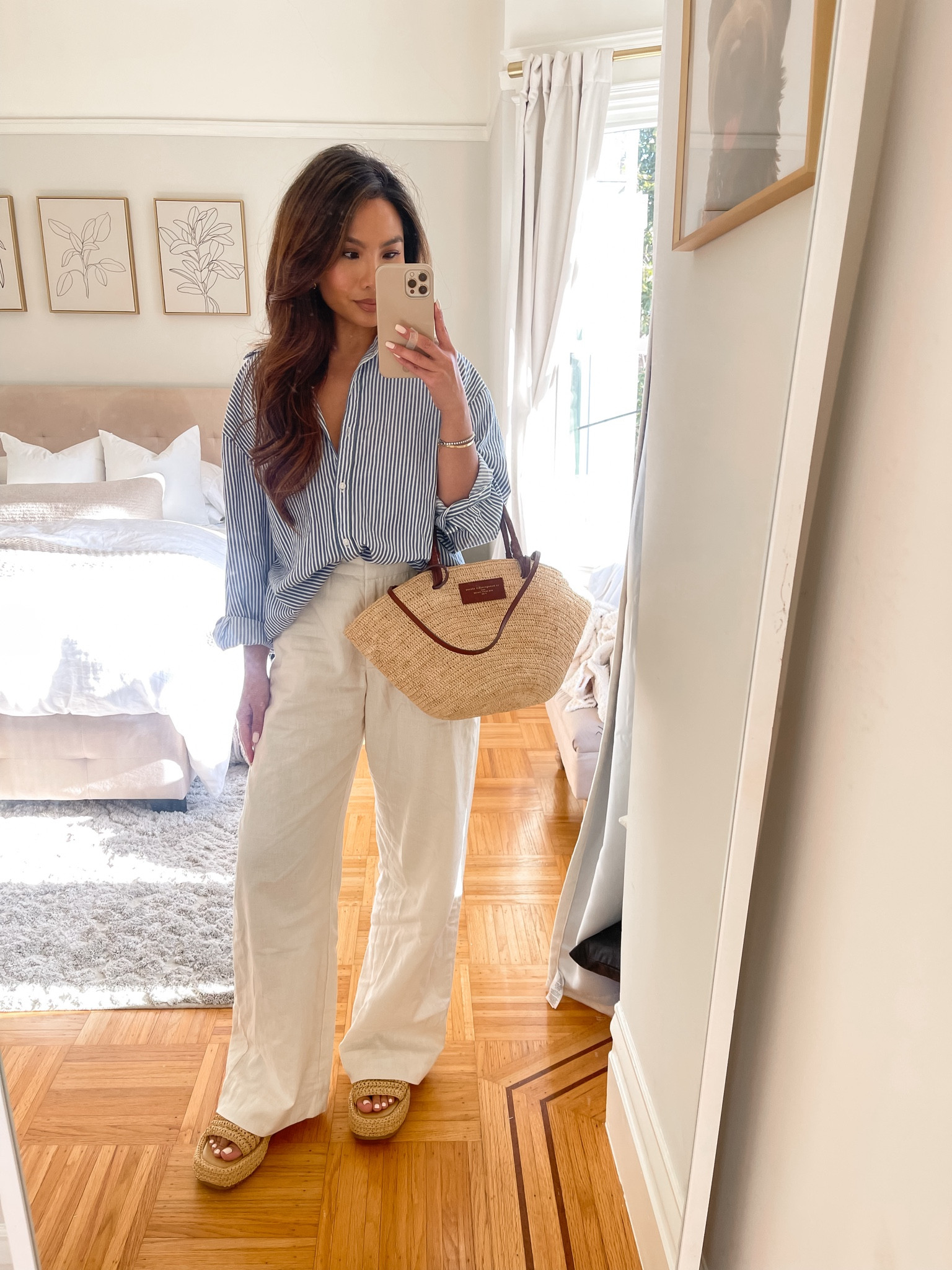Dinner outfit 🤍 linen pants on sale 

love this easy oversized  button down shirt - wearing xs in button down and 25 regular length in linen pants usually like short but wearing platform sandals with it 

My pants are the cream color from last year but light beige would be closest from this year 
