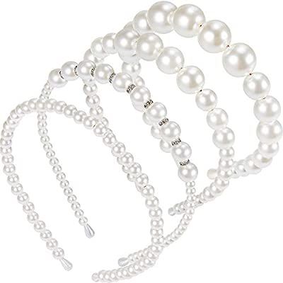 4 Pieces Pearls Headbands White Faux Pearl Rhinestones Hairbands Bridal Hair Hoop Wedding Hair Ac... | Amazon (US)