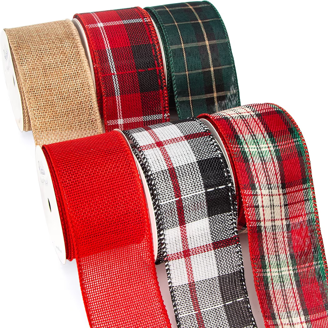 Ribbli 6 Rolls Christmas Wired Ribbon,Natural Red Burlap/Buffalo Plaid/Red and Green Plaid Ribbon... | Amazon (US)