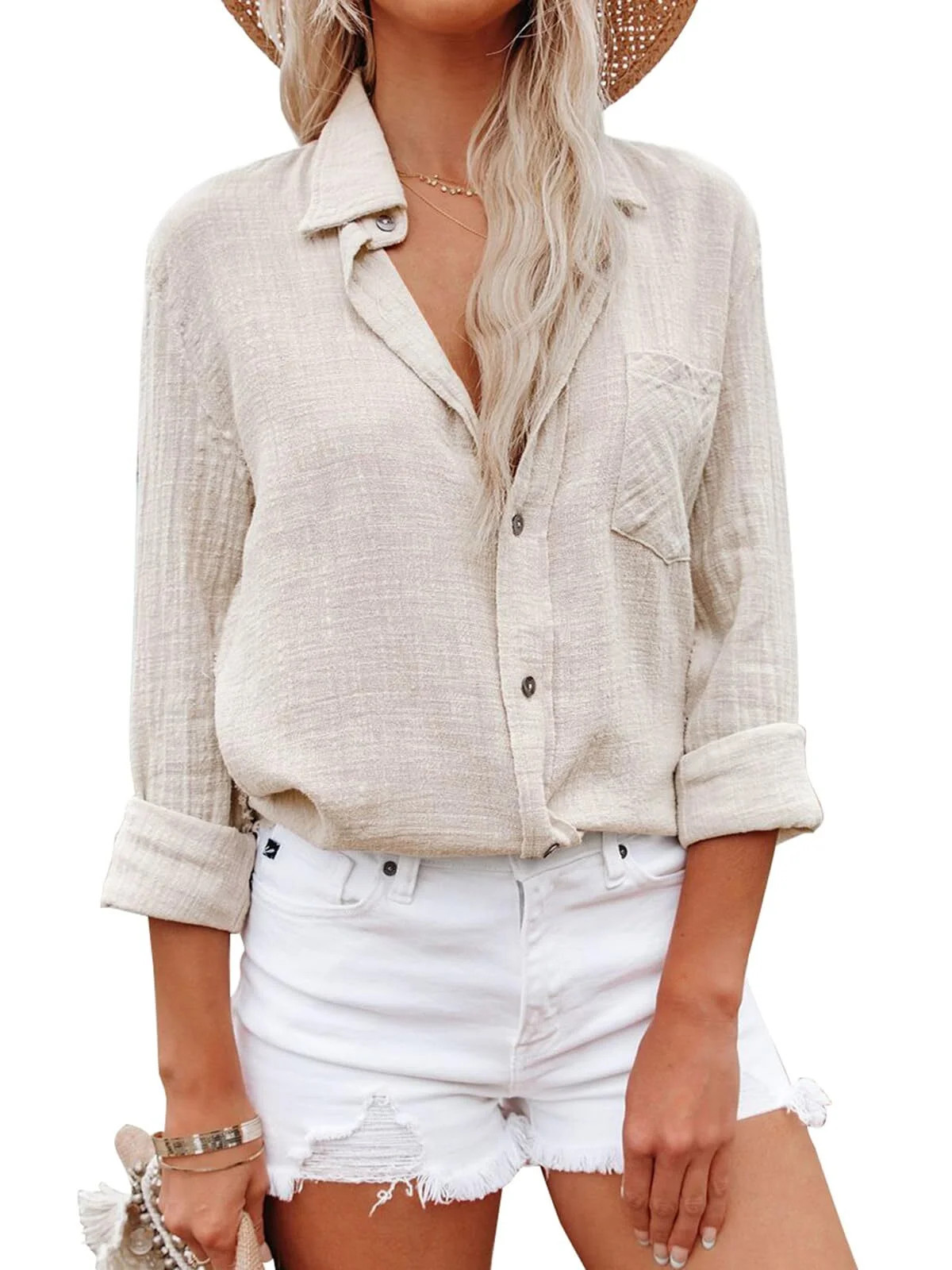 Siliteelon Casual Button Down Shirts for Women Long Sleeve Cotton Gauze Blouse with Pocket | Walmart (US)