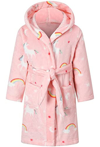 Girls Robe, Kids Soft Flannel Print Plush Hooded Bathrobes Warm Fleece Sleepwear With Belt and Pockets, Pony Rainbow, 7-8 Years | Amazon (US)