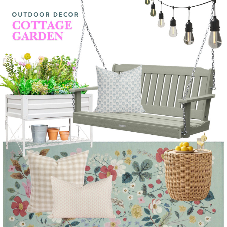 Cottage porch decor, cottagecore, front porch furniture, outdoor decorating, floral decor | front porch swing, outdoor rug, floral pillows, outdoor pillows, outdoor planter, outdoor side table, gingham pillow cover 

 #LTKcanada #LTKsummer #LTKhome