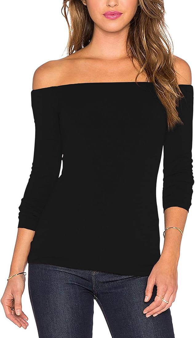 Sarin Mathews Women's Sexy Off The Shoulder Tops Long Sleeve Slim Fit Stretchy Shirts Blouses Top | Amazon (US)
