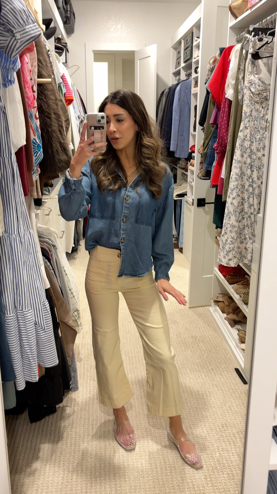 Use my code LACEYK20 now through Sunday! Anthropologie sales are the most exciting! 
Denim button down, wide leg cropped jean, jelly flats 

#LTKgrwm #LTKSaleAlert #LTKootd