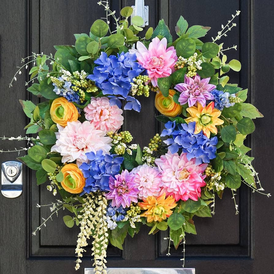 Spring Wreaths for Front Door 24 Inch Spring Wreath with Lifelike Pink Dahlia,Blue Hydrangea,Yell... | Amazon (US)