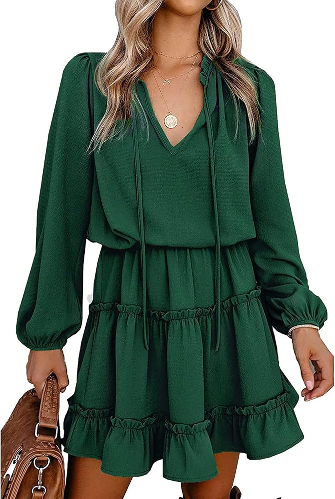 BTFBM Women Casual Summer Fall Dresses Tie V Neck Long Sleeve High Waist Ruffle Tiered A Line Swing  | Amazon (US)