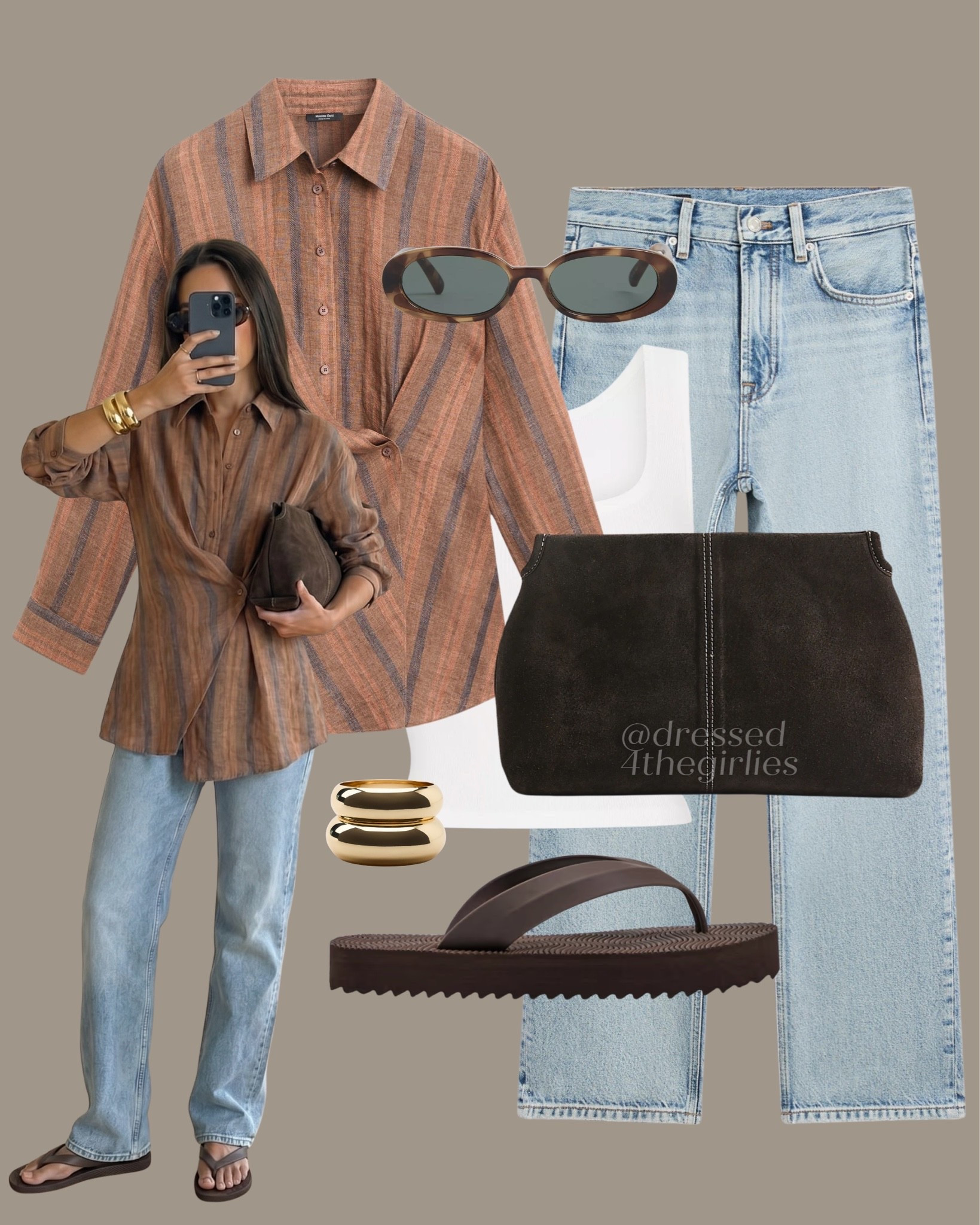 Striped spring look🏹

Tags: brown striped shirt, blue jeans outfit, brown clutch bag, brown flip flops, spring summer outfit, spring brunch outfit

#LTKspring #LTKuk #LTKsummer