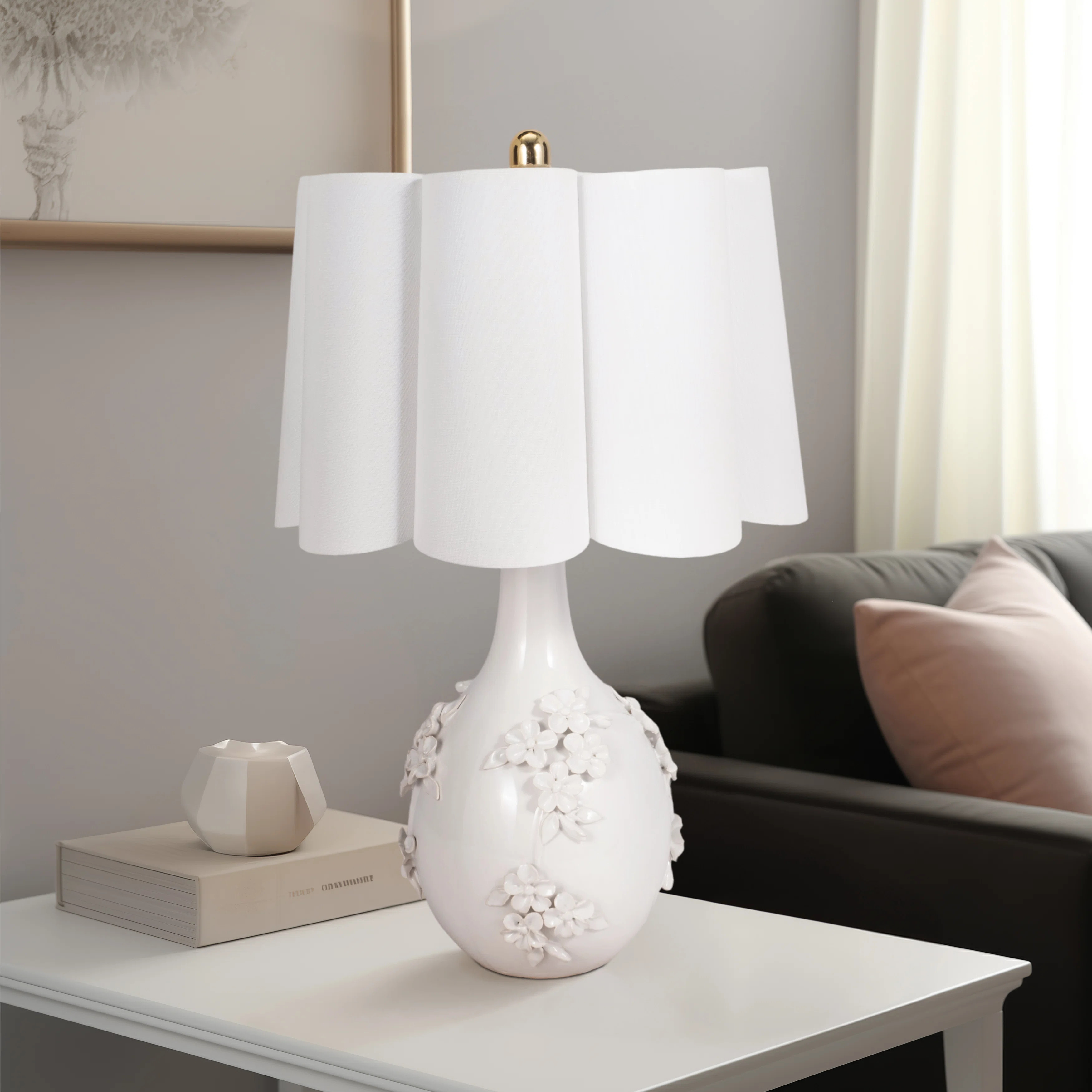 Wrought Studio™ Cream Ceramic 25 Inch Floral Applique Table Lamp Elegance | Wayfair North America
