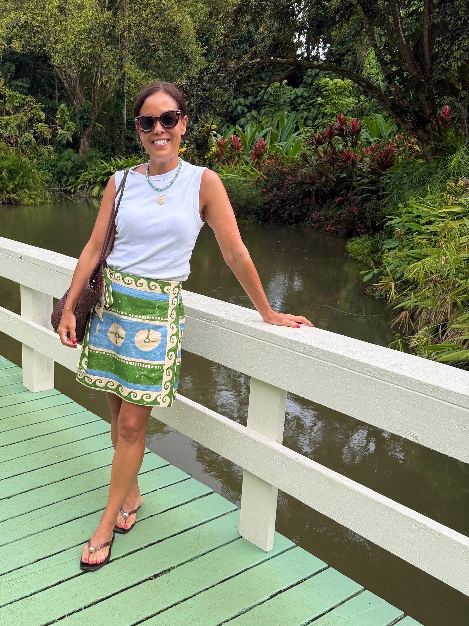 Tuckernuck Skirt (wearing small), Madewell Tank (wearing medium), Loeffler Randall Slippers (size up if in between sizes), Sézane Basket Bag, Jane Win Necklaces