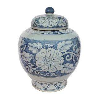Blue And White Lidded Peony Jar - Overstock - 31279082 | Bed Bath & Beyond