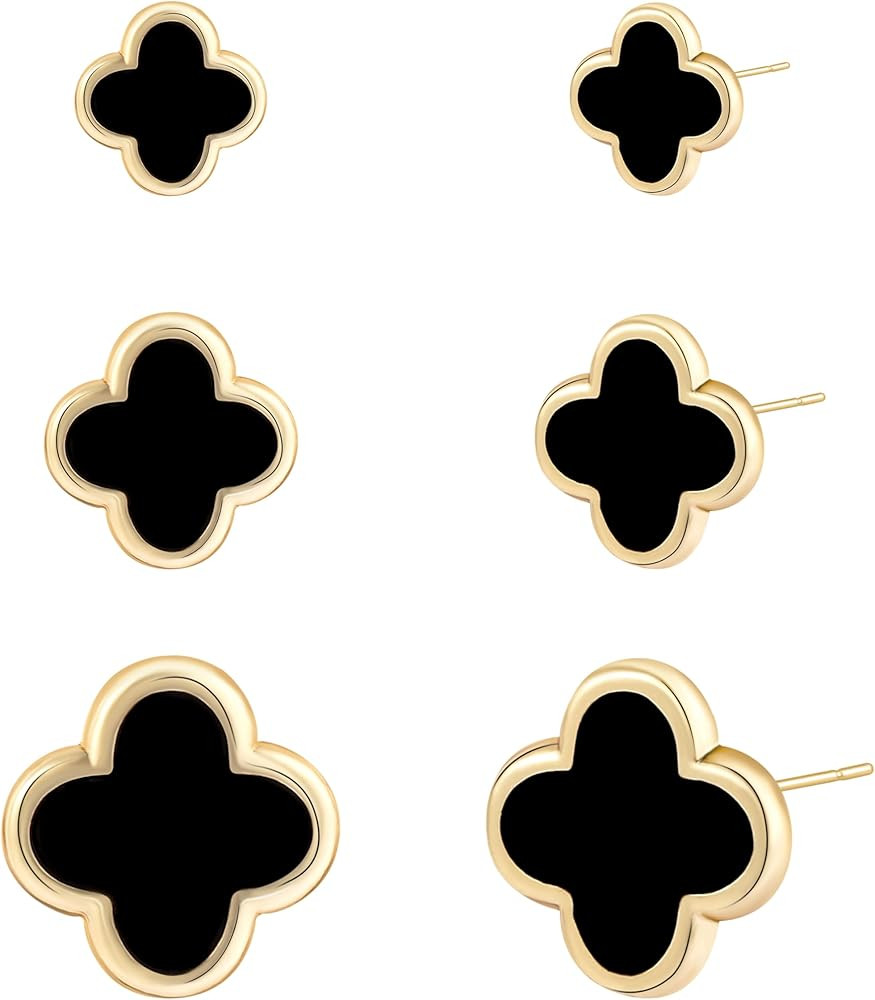 Clover Earring for Women 3 Pair Small Stud Four Leaf - 14K Gold Plated Hypoallergenic Lightweight... | Amazon (US)