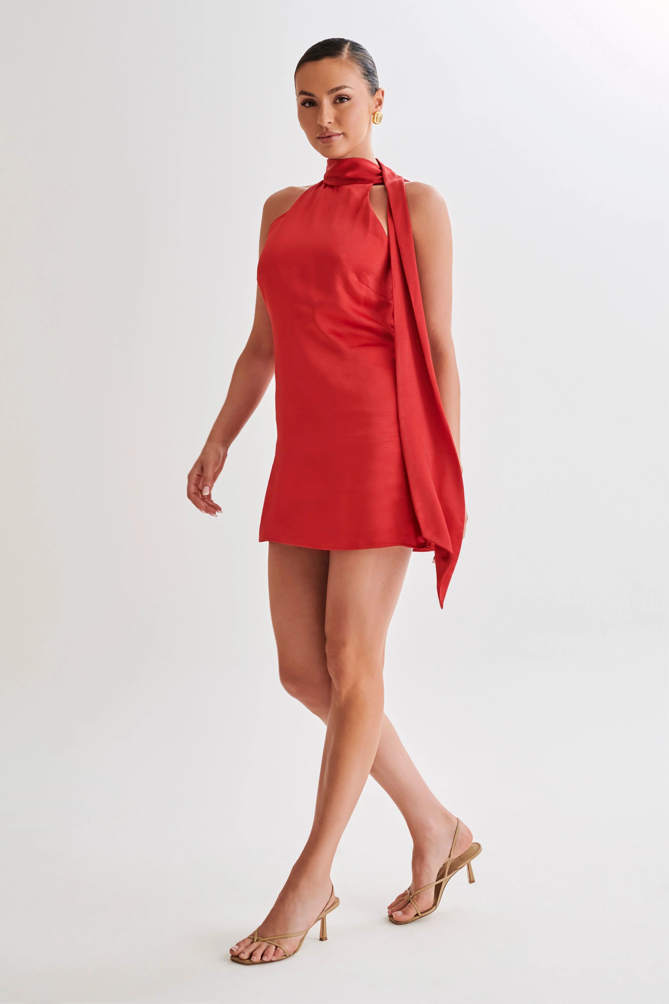Aubriella Halter Mini Dress With Tie - Red | MESHKI US