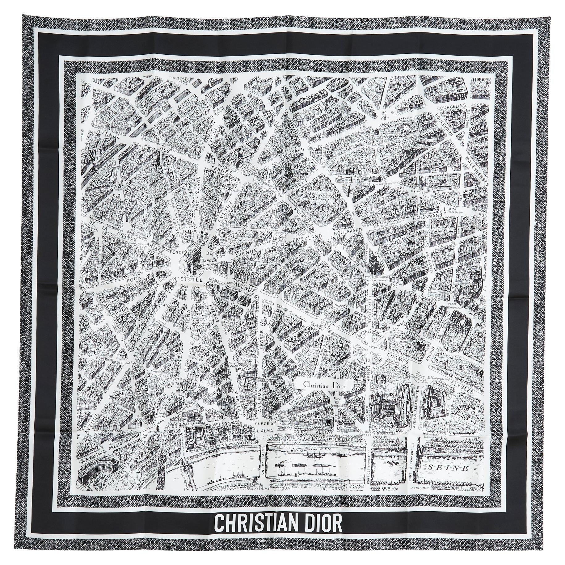Christian Dior Carre Plan de Paris Soie Iconic White Navy Silk Twill Scarf NIB | 1stDibs