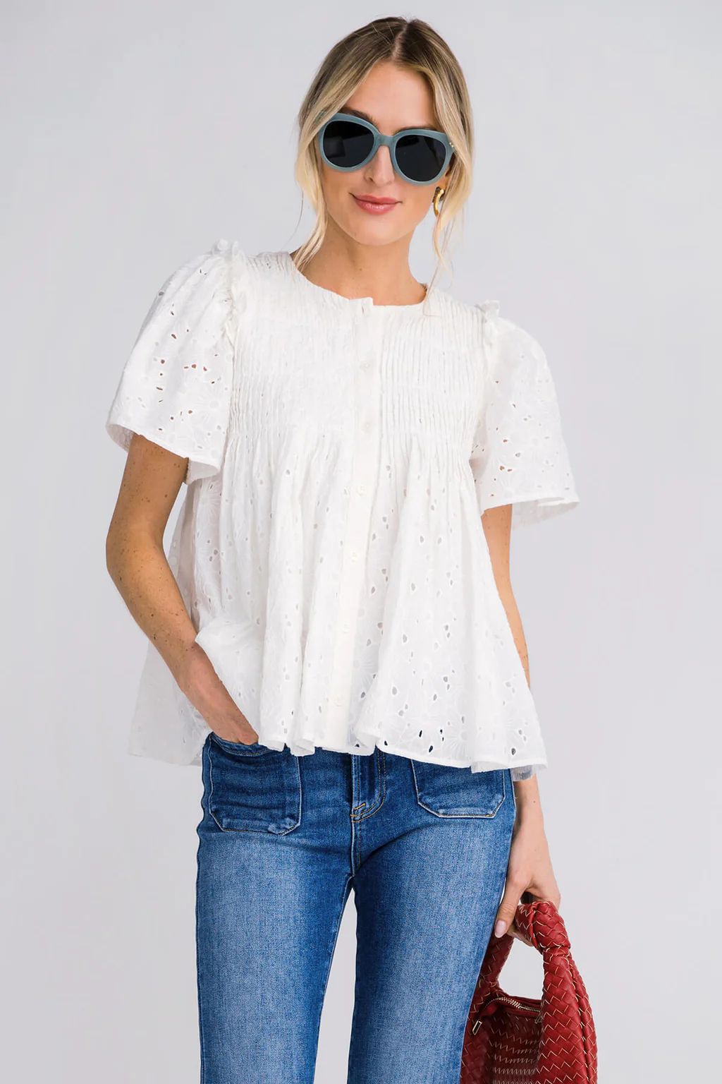 English Factory Pleated Eyelet Top | Social Threads
