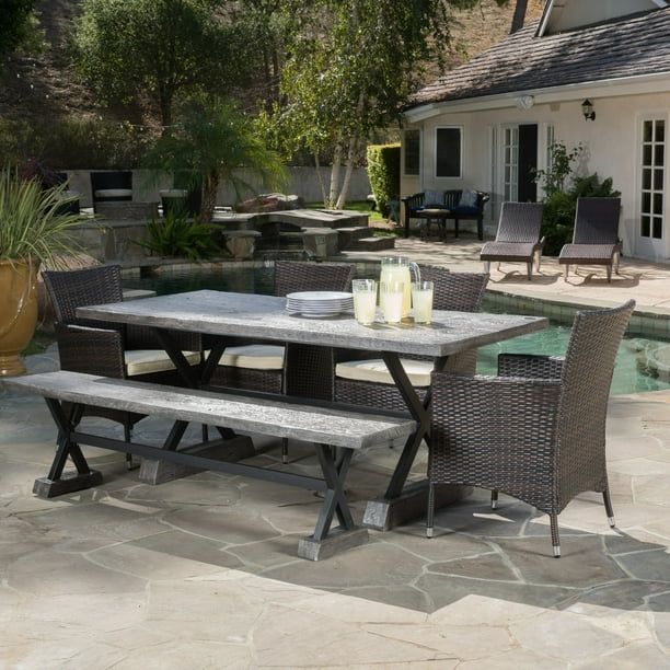 Olivia Outdoor 6 Piece Lightweight Concrete Dining Set with Bench, Brown, Black, and Beige - Walm... | Walmart (US)