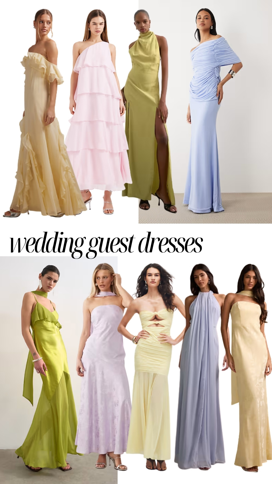 Wedding guest dresses inspo for spring and summer weddings. Pastels, baby pink, butter yellow, sage and olive green, lilac and baby blue maxi occasion dresses 

 

#LTKspring #LTKwedding #LTKdresses