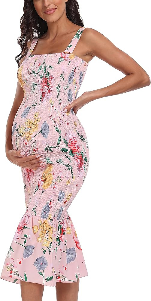 Summer Tank Maternity Dress Sleeveless Strappy Floral Midi Bodycon Square Neck Ruffle Mermaid Smo... | Amazon (US)