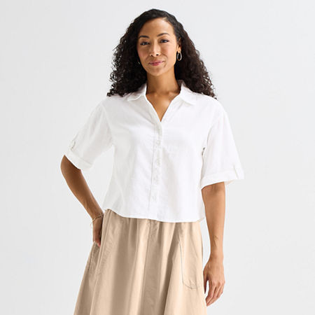 Liz Claiborne Linen Womens Short Sleeve Blouse, Xx-large, White | JCPenney