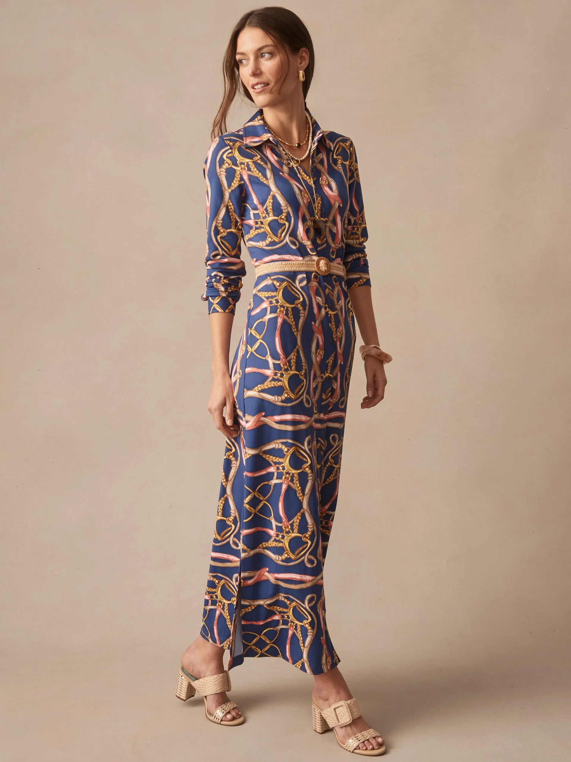 J.McLaughlin Women's Amory Maxi Dress in Mega Riding Lessons Navy/Coral, Size XL | Nylon/Catalina Cloth | J.McLaughlin