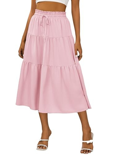 Anbech Women's Midi Skirts Elastic Hight Waist Pleated A-Line Summer Skirt (XL, Light Pink) | Amazon (US)