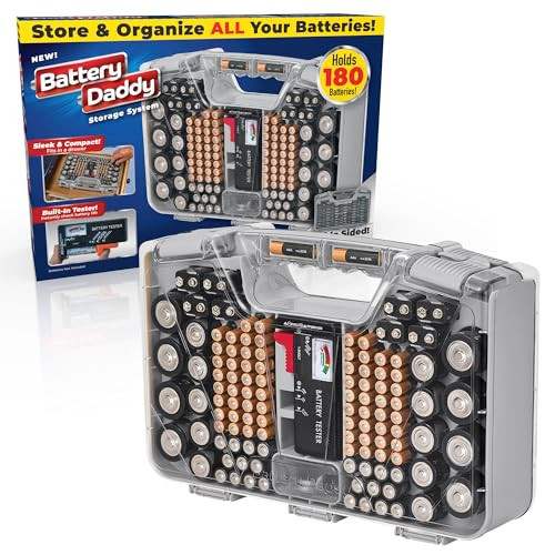 Battery Daddy Storage & Organizer Case w/Tester, Stores & Protects Up to 180 Batteries, Double-Sided, Clear Locking Lid, Secure Latches & Portable Carrying Handle- Warm Grey (Batteries Not Included) | Amazon (US)