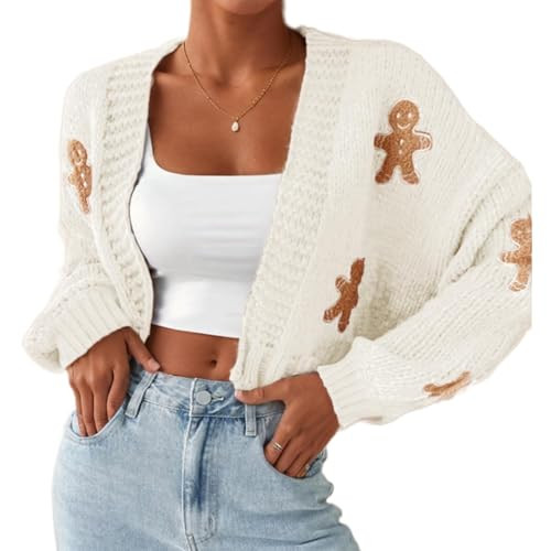 Gingerbread Sweater Women,Gingerbread Sweater,Women's Christmas Open Front Cropped Cardigan Sweaters (Beige,L) | Amazon (US)