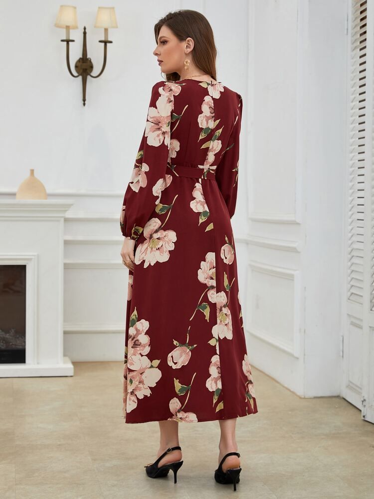 Floral Print Lantern Sleeve Belted Dress | SHEIN