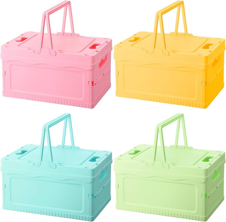 4 Pcs Pastel Plastic Storage Bin with Lid and Handle Cute Collapsible Storage Crates Foldable Pla... | Amazon (US)