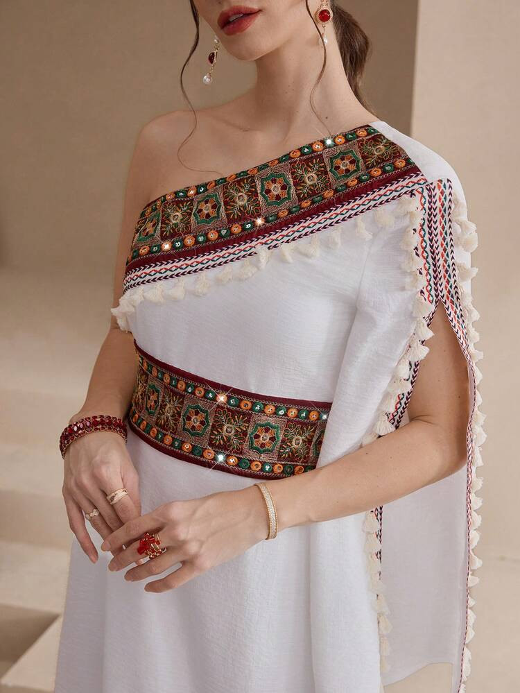 Al Najma Women's Elegant Embroidered Ribbon Decor Arabic Style Dress | SHEIN