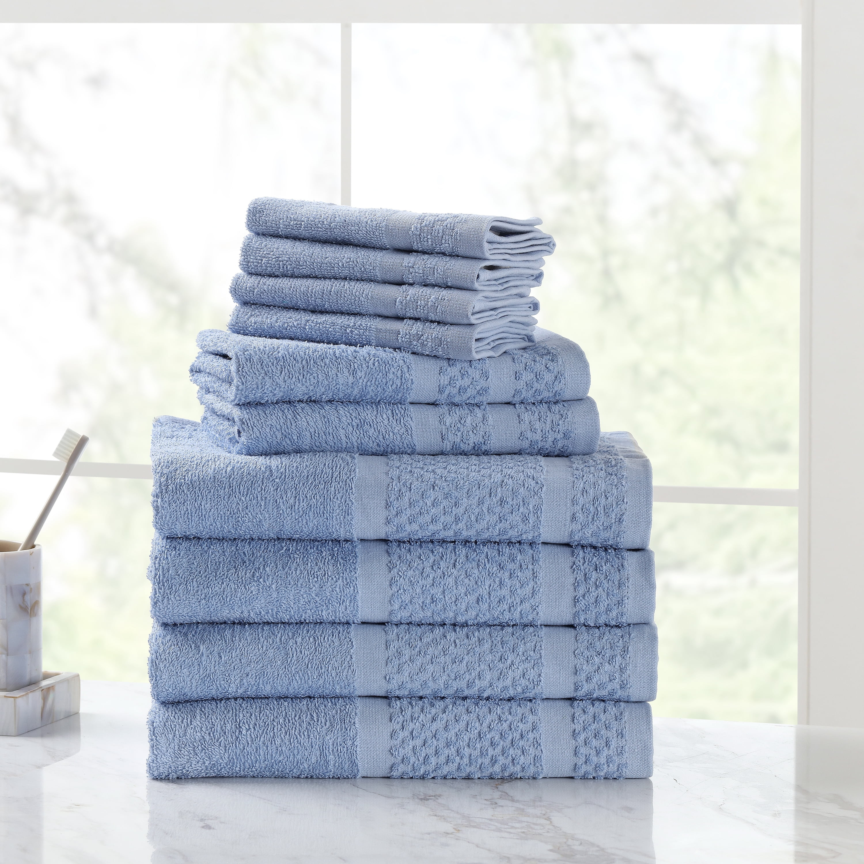Mainstays 10 Piece Solid Dyed Cotton Bath Towel Set, Office Blue - Walmart.com | Walmart (US)
