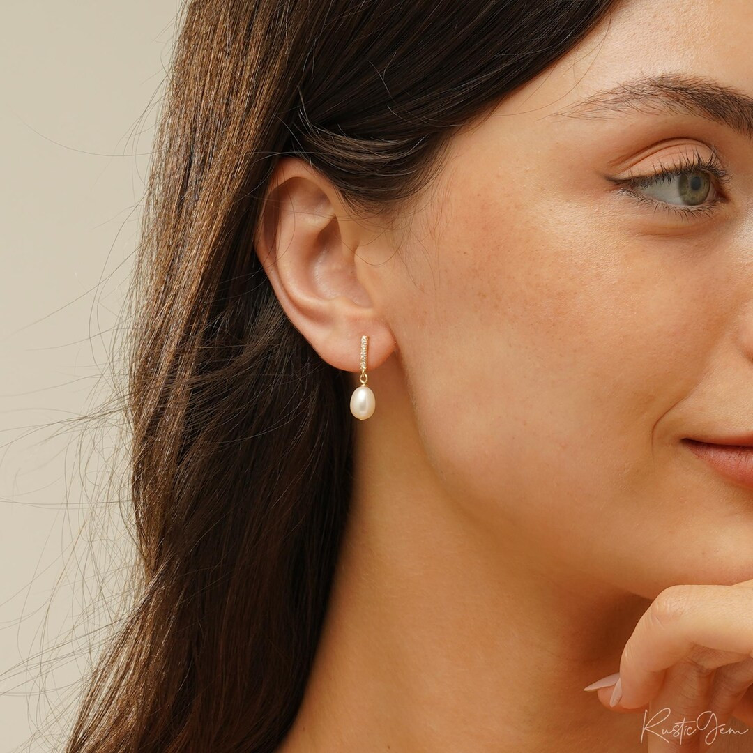 Natural Freshwater Pearl Drop Earrings, Minimalist Diamond Pearl Earrings, Pearl Stud Earrings fo... | Etsy (US)