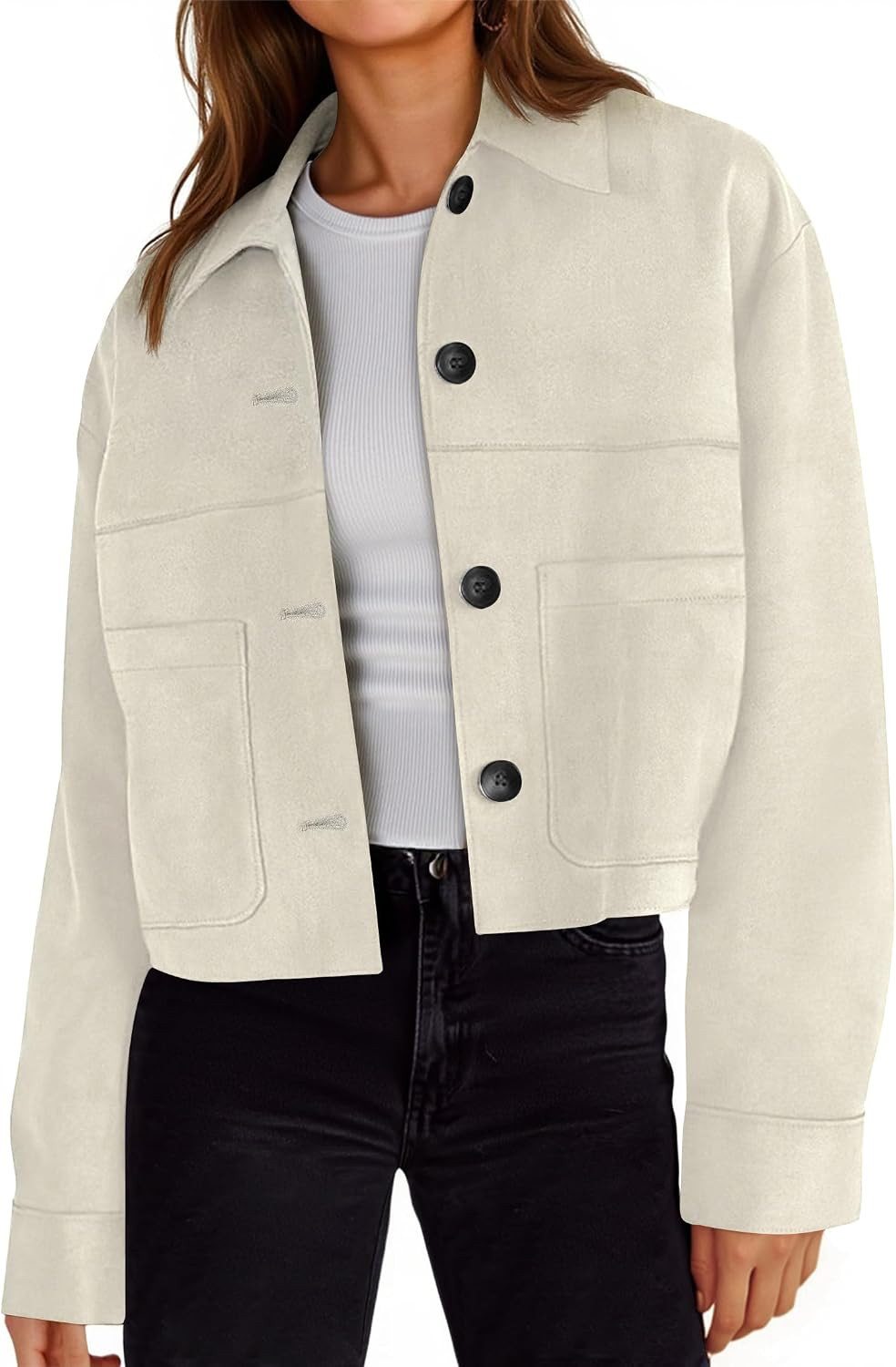 Tankaneo Womens Cropped Faux Suede Leather Jackets Lapel Collar Shackets | Amazon (US)