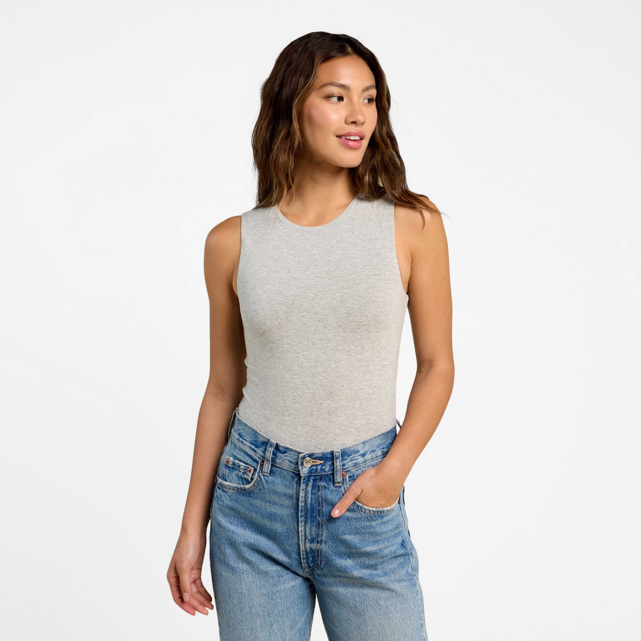 Cotton Stretch Classic Crewneck Tank Bodysuit | Heather Bone | Nuuds US