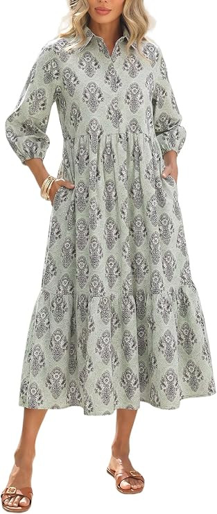 Floral Midi Dress for Women 3/4 Sleeve Cotton Button Up Collared Shirt Dress Flowy Ruffle Hem Spr... | Amazon (US)