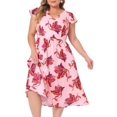 Agnes Orinda Women's Plus Size Ruffle Sleeves Tie Back V Neck Midi A Line Floral Dresses Pink 4X | Target