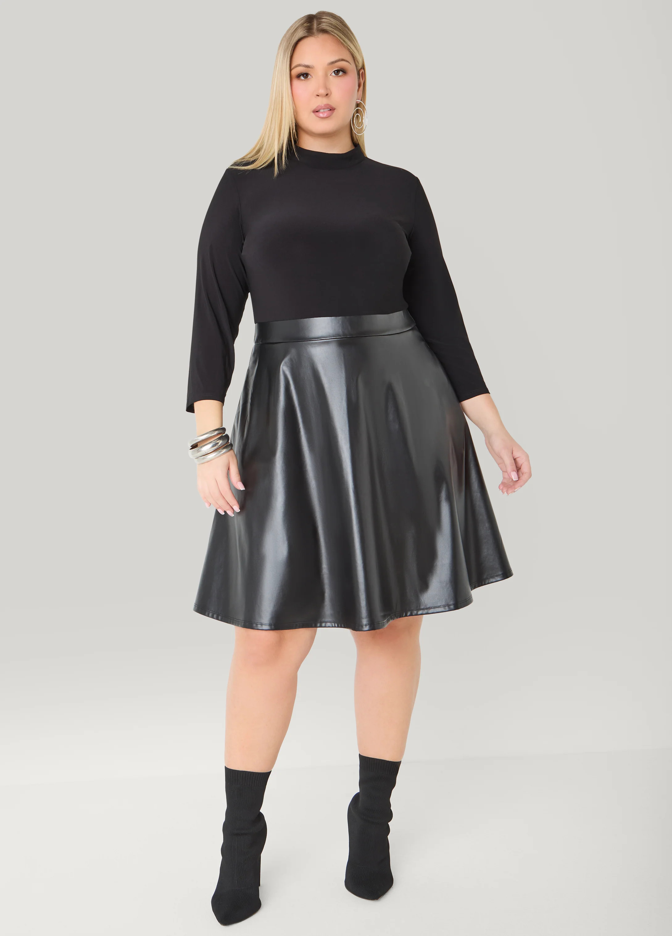 Paneled Faux Leather A Line Dress | Ashley Stewart