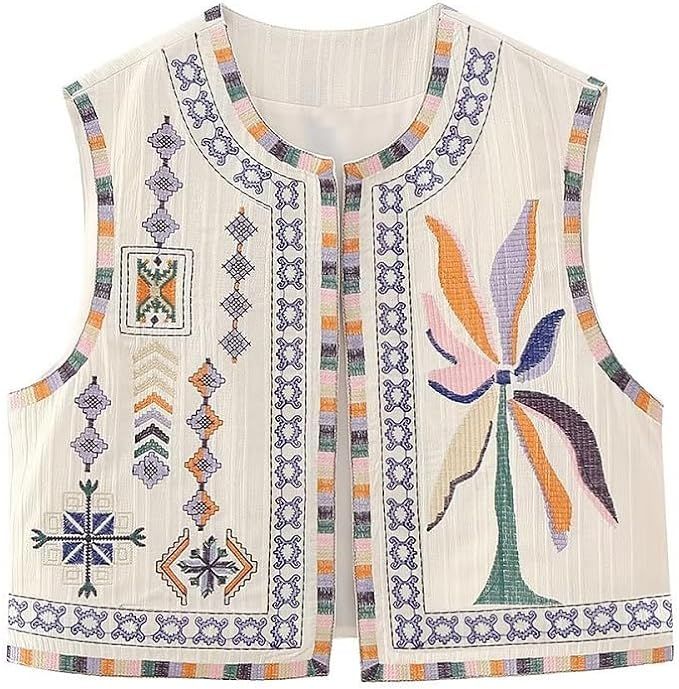 Women Y2k Embroidered Floral Vest Top Sleeveless Open Front Boho Cropped Vest Blouse Vintage Flow... | Amazon (US)