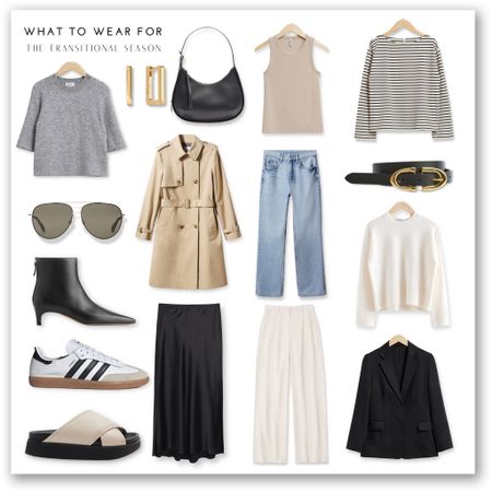 Transitional season capsule wardrobe 🍁

Late summer, early autumn, knitwear, sandals, adidas sambas, heeled boot, jeans, stripe T-shirt, trench coat, linen black, midi skirt, white trousers, & other stories, H&M, Abercrombie, mango 

#LTKeurope #LTKSeasonal #LTKstyletip