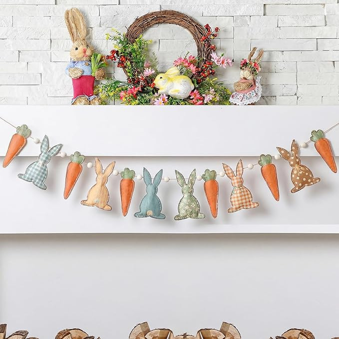 Felt Rustic Easter Bunny Rabbit Banner Rabbit Beads Garland Vintage Farmhouse Spring Easter Garla... | Amazon (US)